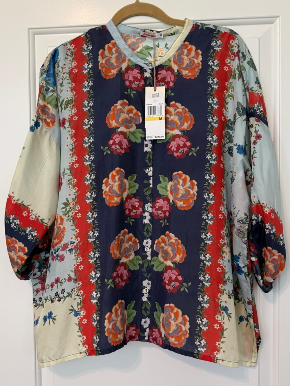 NWT Johnny Was Kallipoe Silk Navy Floral Button-Front Top Roll Tab Sleeves M